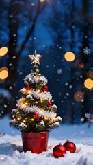 Mini Christmas tree in red pot glowing with fairy lights and ornaments in snowy winter forest at night, golden bokeh and falling snowflakes creating magical festive holiday background.