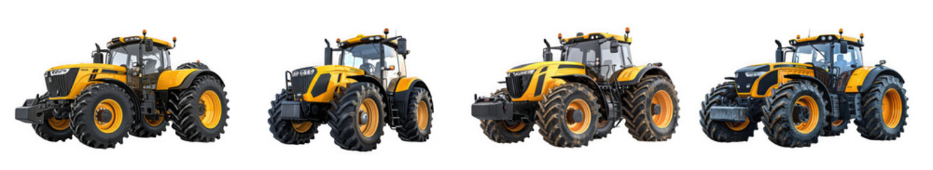 Obraz premium Four yellow and black agricultural tractors in different views, isolated on transparent background
