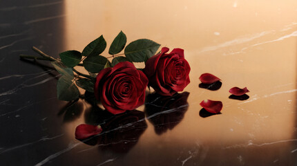 Two fresh red roses and petals scattered on a marble surface with warm, romantic lighting. Perfect for Valentine's Day, anniversaries and romantic invitations.