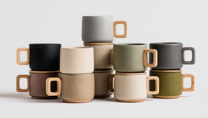 Stacked ceramic mugs with square wooden handles, each mug in a different neutral color, against a bright white backdrop