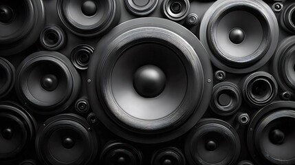 Speakers of various sizes creating a dynamic background, representing modern audio technology, quality sound, and the concept of entertainment, volume, and bass