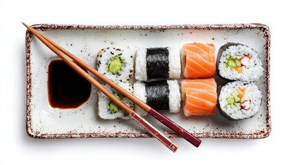 Sushi assortment on a rectangular plate with chopsticks and soy sauce, atop a clean white surface