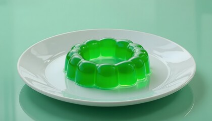 Vibrant green jello ring on a plain white ceramic plate.