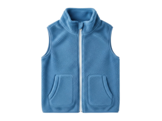 Isolated blue sherpa fleece vest with white zipper, sleeveless outerwear for cool weather