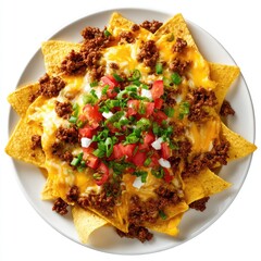 Elevated view of a nachos plate with chips, ground beef, melted cheese, tomatoes, & onions on a white plate