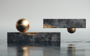 Geometric still life of stone blocks and golden spheres, water reflection, neutral backdrop, abstract art