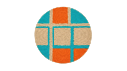 Isolated round straw rug features a geometric pattern with turquoise and orange lines