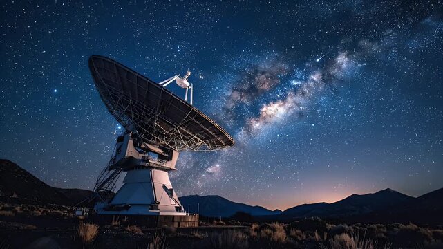 Large Radio Telescope Observing Milky Way Galaxy From Desert Landscape At Night Under Starry Blue Sky With Distant Mountain Range