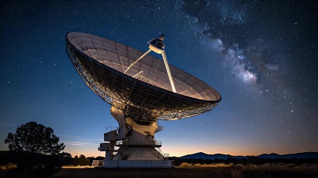 Large Radio Telescope Array Under a Night Sky with a Milky Way Galaxy, Blue Sky, and a Horizon Line, Rural Landscape with Field and Trees