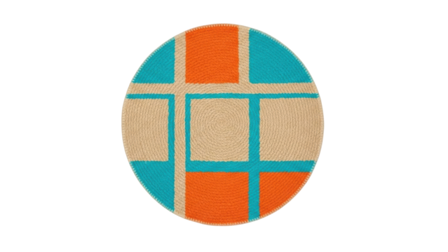 Isolated round straw rug features a geometric pattern with turquoise and orange lines - Powered by Adobe