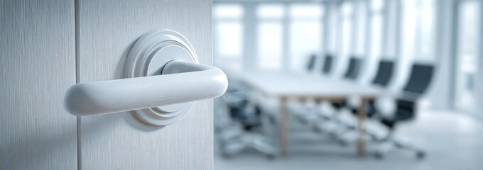 A slightly open white door reveals a blurred meeting room with a long table and chairs in shades of white
