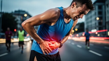 Young man experiencing severe stomach pain after intense workout on city street