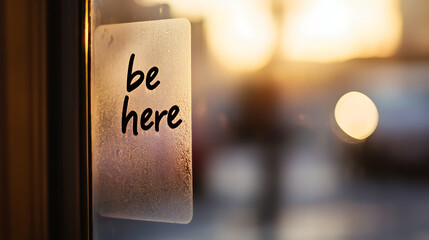 Close-up of a frosted glass with the words "be here" written on it. Warm light filters through, creating a serene and mindful ambiance. A gentle reminder to focus on the present.