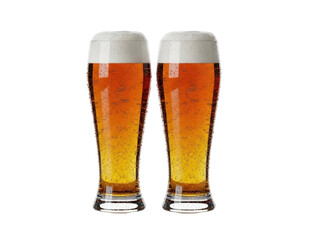 Isolated set of tall beer glasses full of craft beer and foam at the top on a plain backdrop
