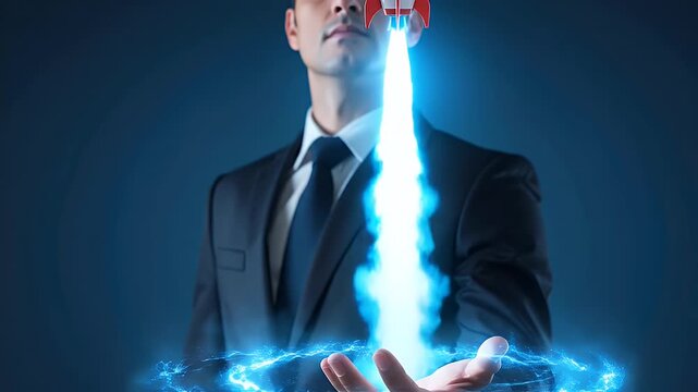 Man in Suit Holding Digital Rocket with Blue Energy on Open Palm Against Dark Blue Gradient Background Business and Technology Innovation Concept