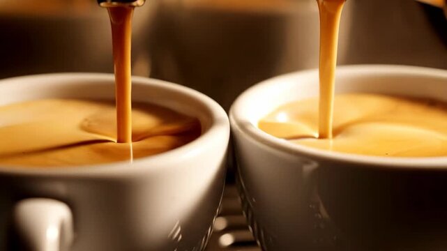 A close-up, dynamic shot of two streams of espresso pouring simultaneously into two white ceramic demitasse cups, creating a rich, golden-brown crema.

