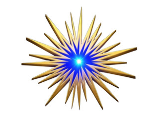 Isolated gold sun with bright blue center sparkles like star symbol or decorative graphic