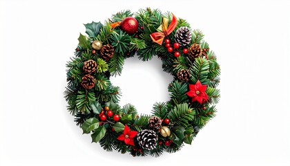 Circular Christmas wreath made of green pine branches, red berries, and pinecones on white background.