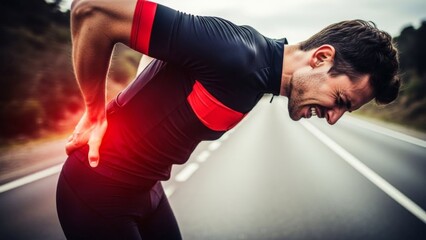 Young man experiencing intense back pain during outdoor run on an empty road