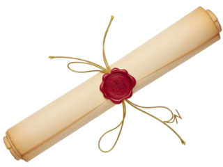 Isolated ancient scroll tied with gold twine, sealed with red wax stamp, parchment document