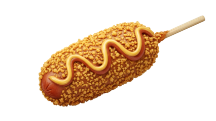 Delicious Corn Dog with Mustard and Ketchup Drizzle, Isolated on Transparent Background