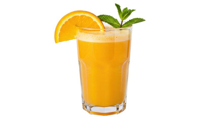 Isolated glass of fresh orange juice with orange slice and sprig of mint on the glass rim