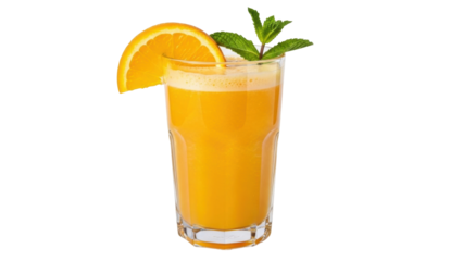 Isolated glass of fresh orange juice with orange slice and sprig of mint on the glass rim