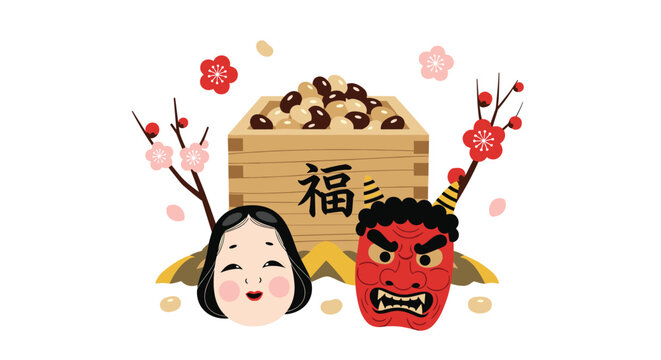 Japanese Setsubun festival illustration with beans, an oni mask, a hyottoko mask, and plum blossoms.