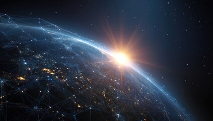 Earth's horizon glows; interconnected nodes create digital web over night lit continents against starry deep space