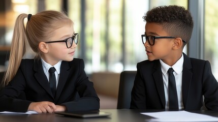 Children in business outfits engage in a discussion while sitting at a table in a modern office setting during the day