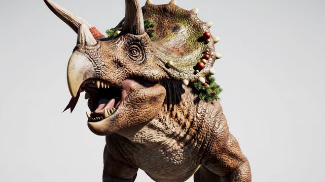 A Triceratops dinosaur head is decorated with Christmas garland and small ornaments on its frill and horns. The creature's mouth is open against a bright white background.
