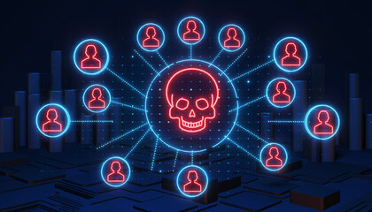 Cybersecurity Threat: A digital representation of a network under threat, showcasing a skull at the center surrounded by connected user profiles, implying digital dangers. 