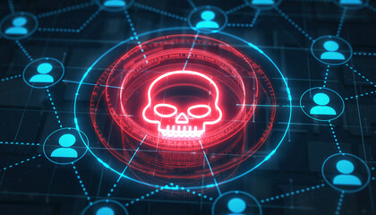 Cyber Threat: A digital representation of a skull icon encircled by interconnected nodes, highlighting the concept of a digital threat and network security breach.