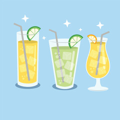 Refreshing Summer Drinks Assortment with Ice and Fruit Garnish