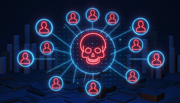Cybersecurity Threat: A digital representation of a network under threat, showcasing a skull at the center surrounded by connected user profiles, implying digital dangers. - Powered by Adobe