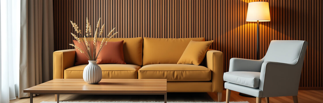 warm inviting living room scene captures brown sofa nestled wooden partition wall gentle glow soft overhead
