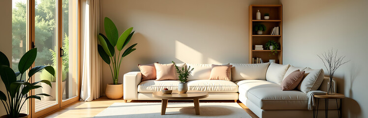 warm inviting living room bathed soft morning sunlight rich wood accents plush textiles nestled among vibrant greenery