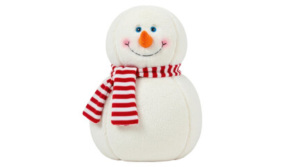 Fototapeta premium Isolated plush snowman toy, happy holiday character with cheerful face and striped scarf