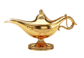 3d icon of golden magic lamp isolated on transparent background, a symbol of wishes, fantasy, and arabian nights, evoking a sense of wonder and enchantment