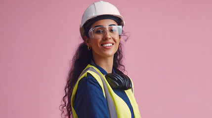 Empowered construction worker confidently smiles against a pink background, donning safety gear and embodying professionalism and dedication to her craft. Safety first always!