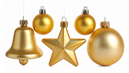 Five golden Christmas ornaments hanging on strings against white background, including stars, bell, and baubles.