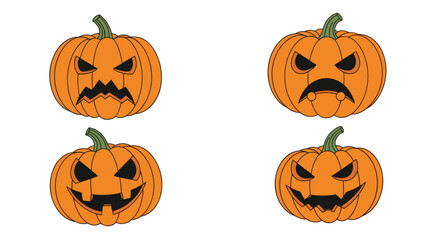 Four illustrated jack-o-lanterns with different carved faces on a white background.