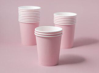 Disposable light pink paper cups closeup, mockup, copy space. No plastic biodegradable single-use