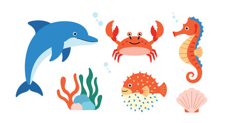 Cute cartoon marine animals including a dolphin, crab, seahorse, pufferfish, seashell and coral reef . © Kana