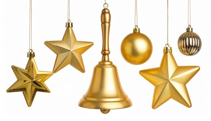 Five golden Christmas ornaments hanging on strings against white background, including stars, bell, and baubles.