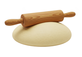 3d icon of wooden rolling pin on a ball of dough isolated on transparent background, perfect for baking and cooking related designs and culinary projects