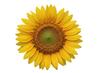 Isolated sunflower blossom shows bright yellow petals and dark green center in full bloom © Dennis