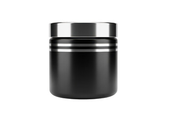 3d icon of a sleek black jar with silver accents isolated on transparent background, ideal for showcasing cosmetic or supplement products