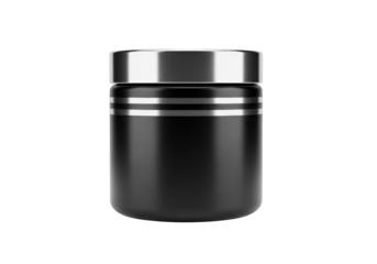 3d icon of a sleek black jar with silver accents isolated on transparent background, ideal for showcasing cosmetic or supplement products