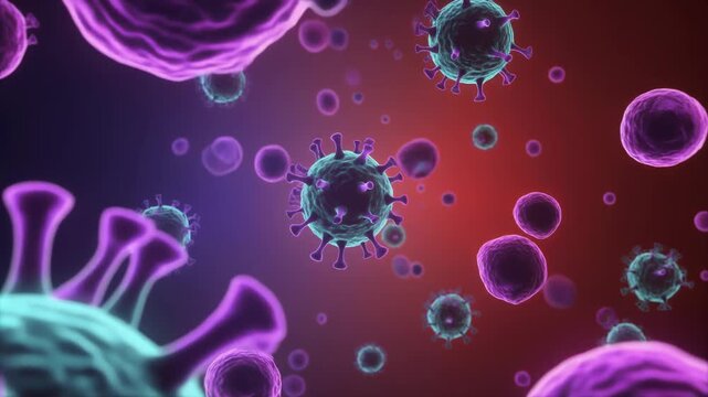 Microscopic depiction of virus cells  particles. Suitable for medical, science, educational designs needing vibrant, detailed visuals.